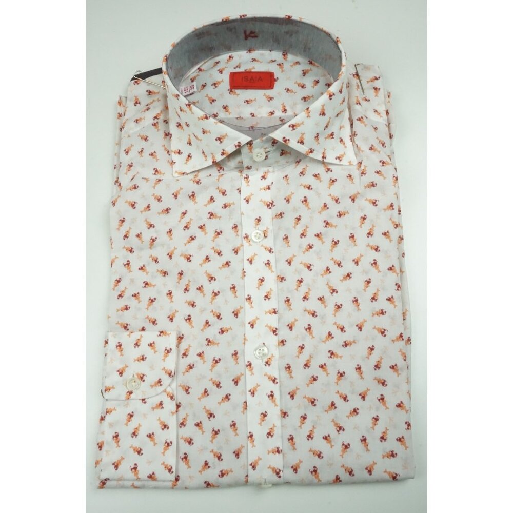Isaia Napoli White Merlot Orange Man Long Sleeve Linen Shirt 15.5/39 NEW